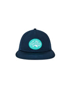 Navy blue cap with a green logo on a white background