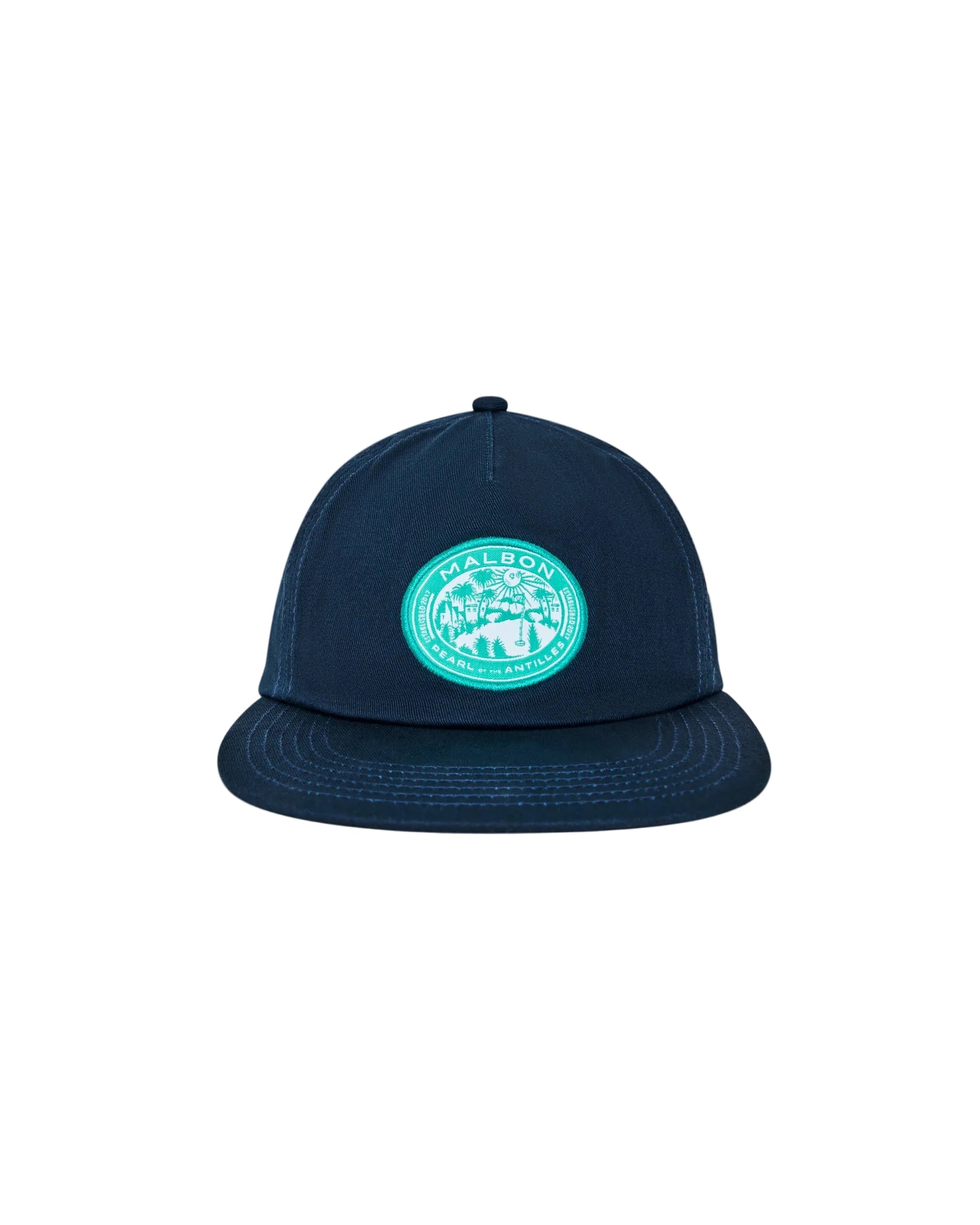 Navy blue cap with a green logo on a white background