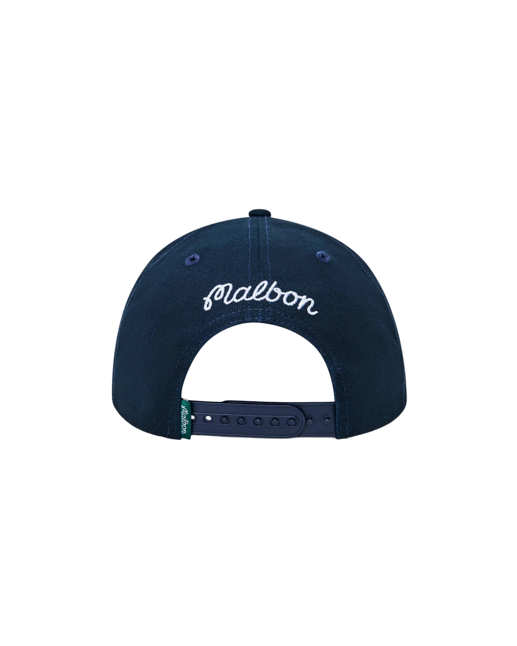 Navy blue cap with 'Malbon' branding on a white background
