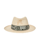 Beige straw hat with a decorative band on a white background