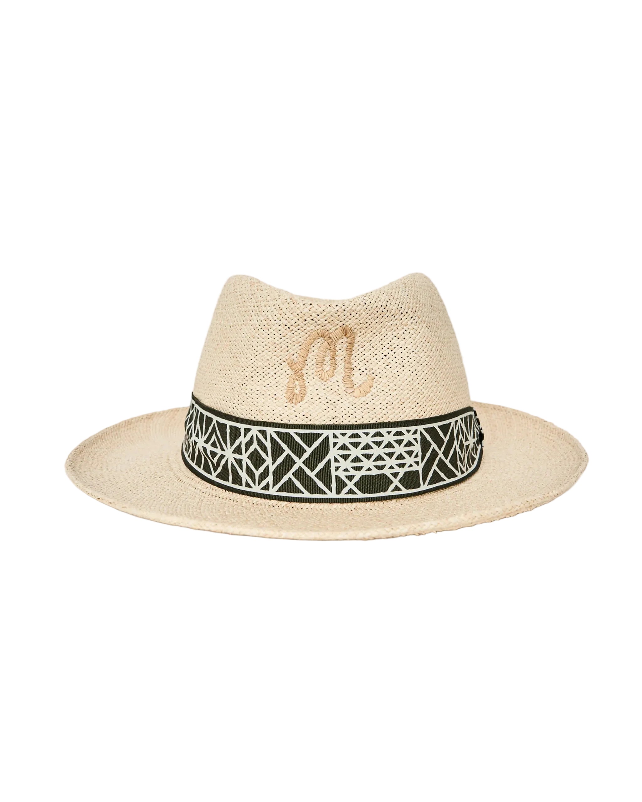 Beige straw hat with a decorative band on a white background