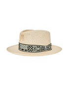 Beige straw hat with a decorative band on a white background