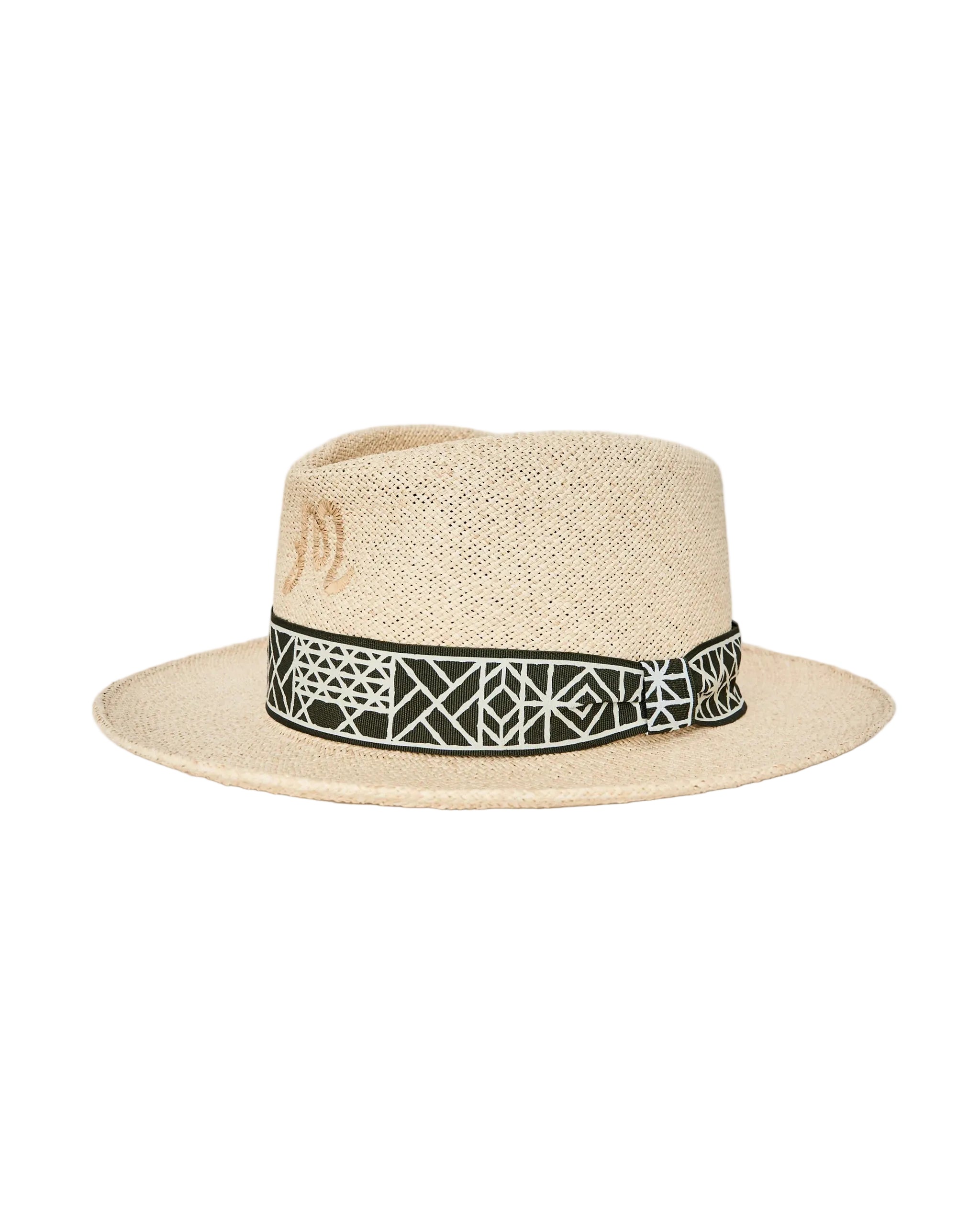 Beige straw hat with a decorative band on a white background