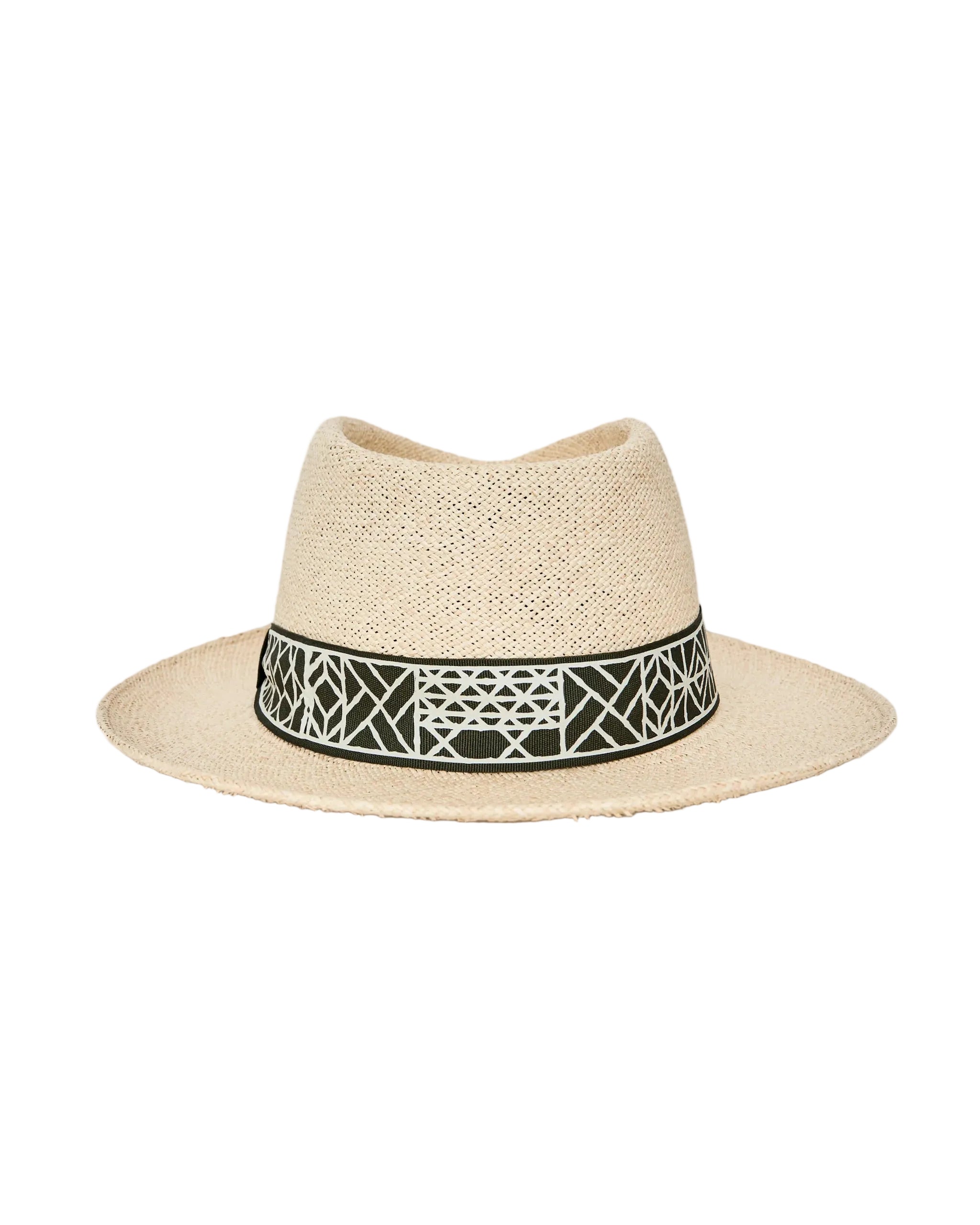 Beige straw hat with a green and white patterned band on a white background