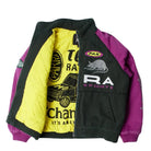 BY PARRA Owl Meets Rats Racing Jacket in black with purple sleeves and yellow lining, front open view