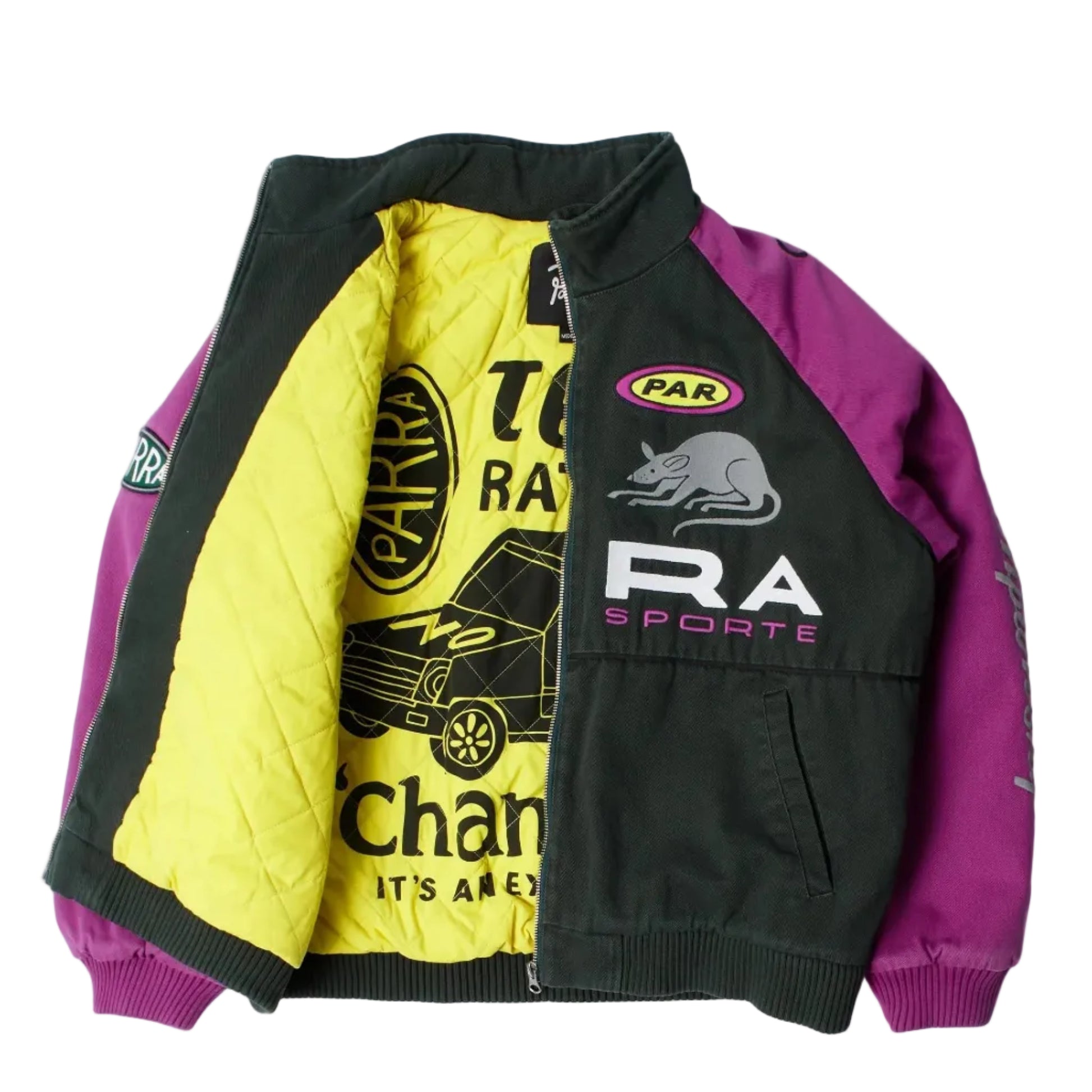 BY PARRA Owl Meets Rats Racing Jacket in black with purple sleeves and yellow lining, front open view