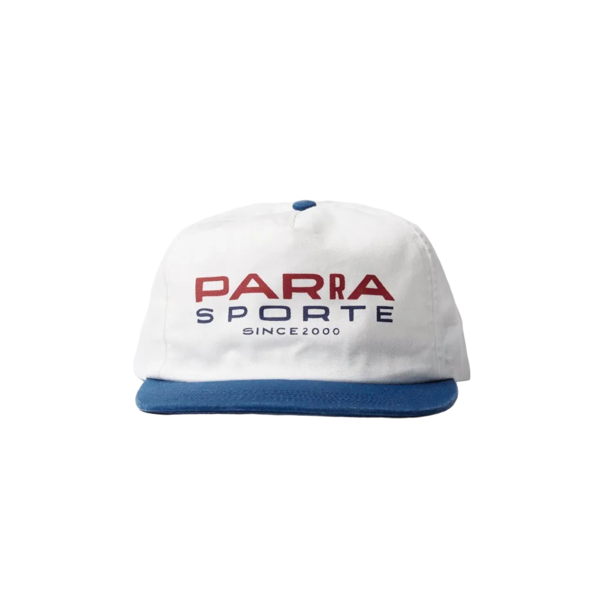 BY PARRA Sporte 5 Panel Hat in white with blue brim, front view