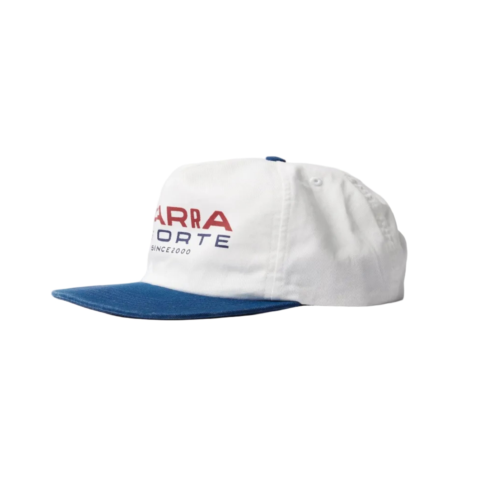 BY PARRA Sporte 5 Panel Hat - white with blue brim, side view