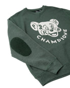 BY PARRA Tired Champione Sweatshirt in pine green with cartoon bear graphic, front view