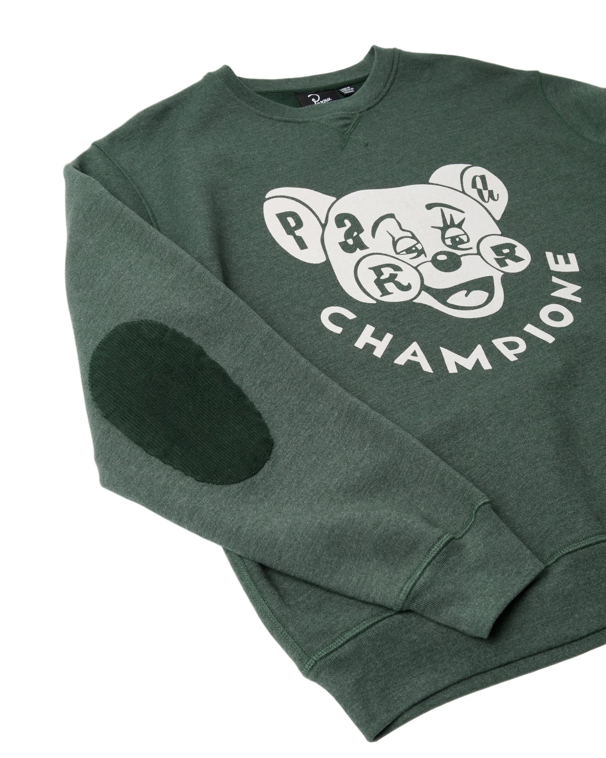BY PARRA Tired Champione Sweatshirt in pine green with cartoon bear graphic, front view