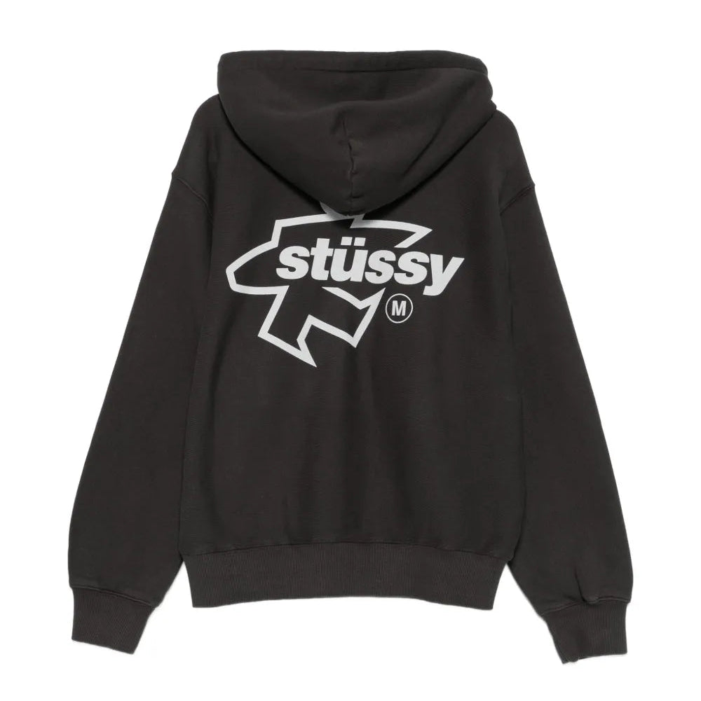 Black hoodie with Stussy logo on the back against a white background