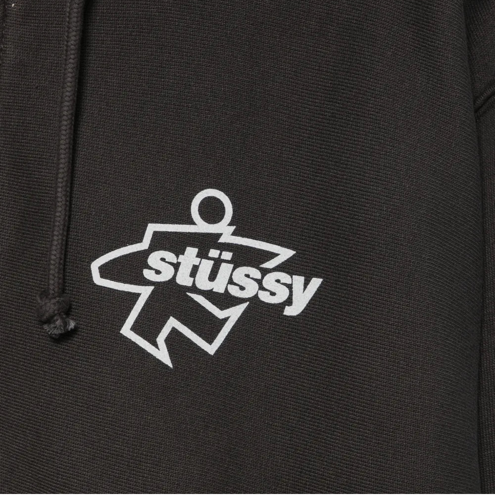 Black hoodie with white 'stussy' logo on a dark background