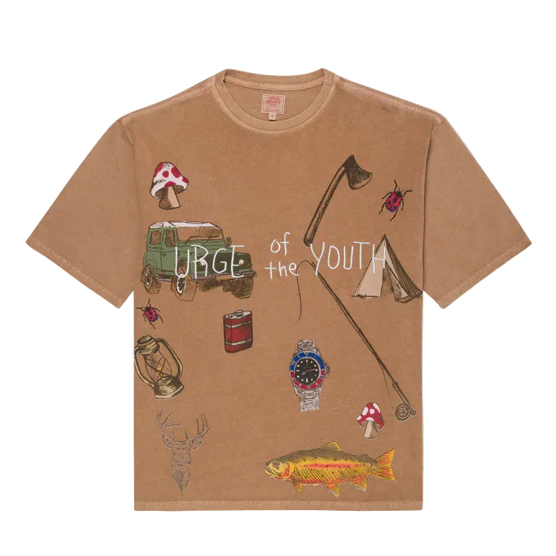 Brown t-shirt with outdoor-themed graphics including camping gear, fish, and "URGE of the YOUTH" text
