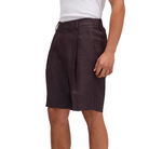 Person wearing brown shorts on a white background