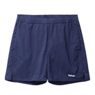 Navy blue shorts with a brand logo on a white background