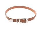 Tan belt with nickel hardware on a white background