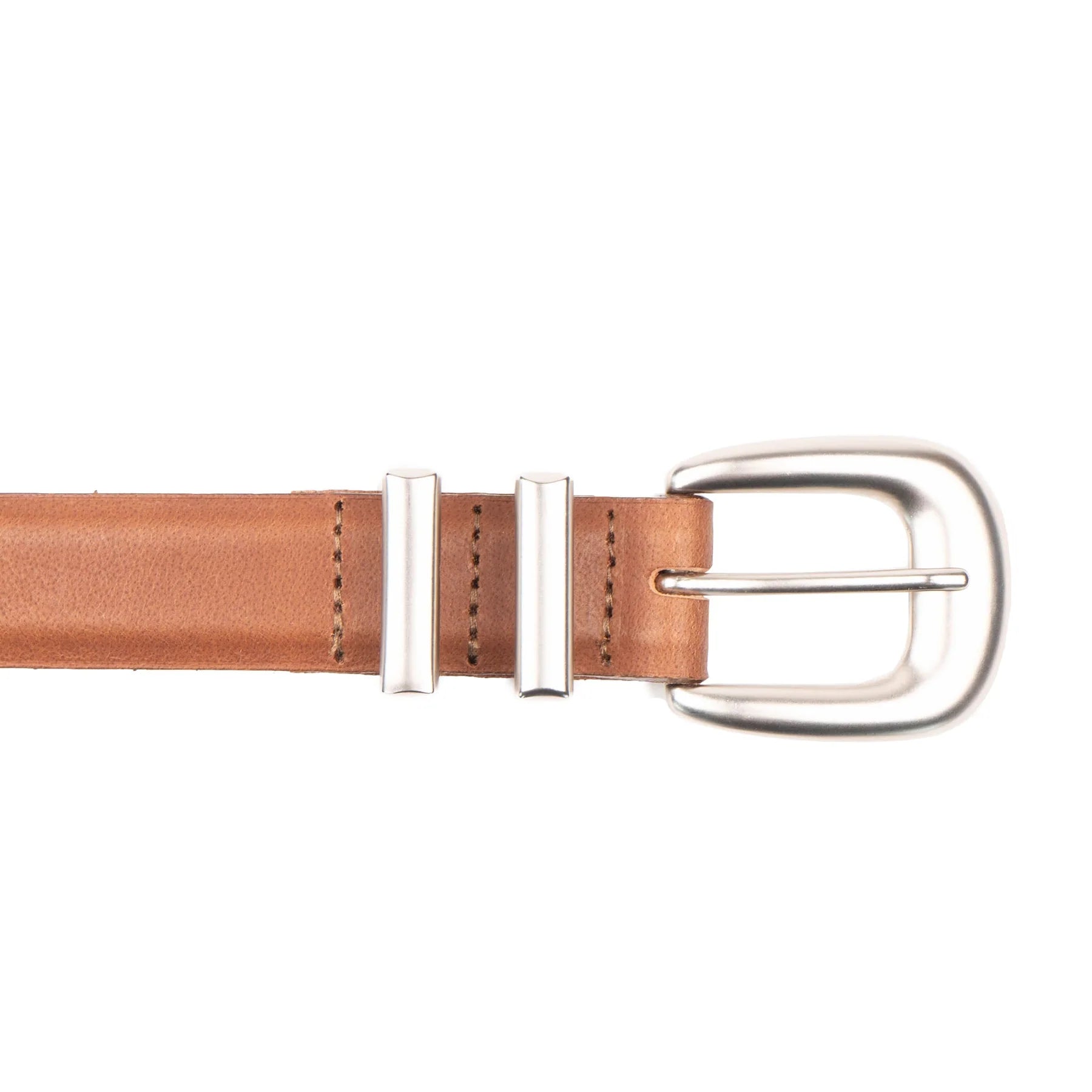 close up of a tan belt with nickel hardware on a white background