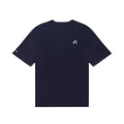 Navy blue t-shirt with a small white logo on a white background