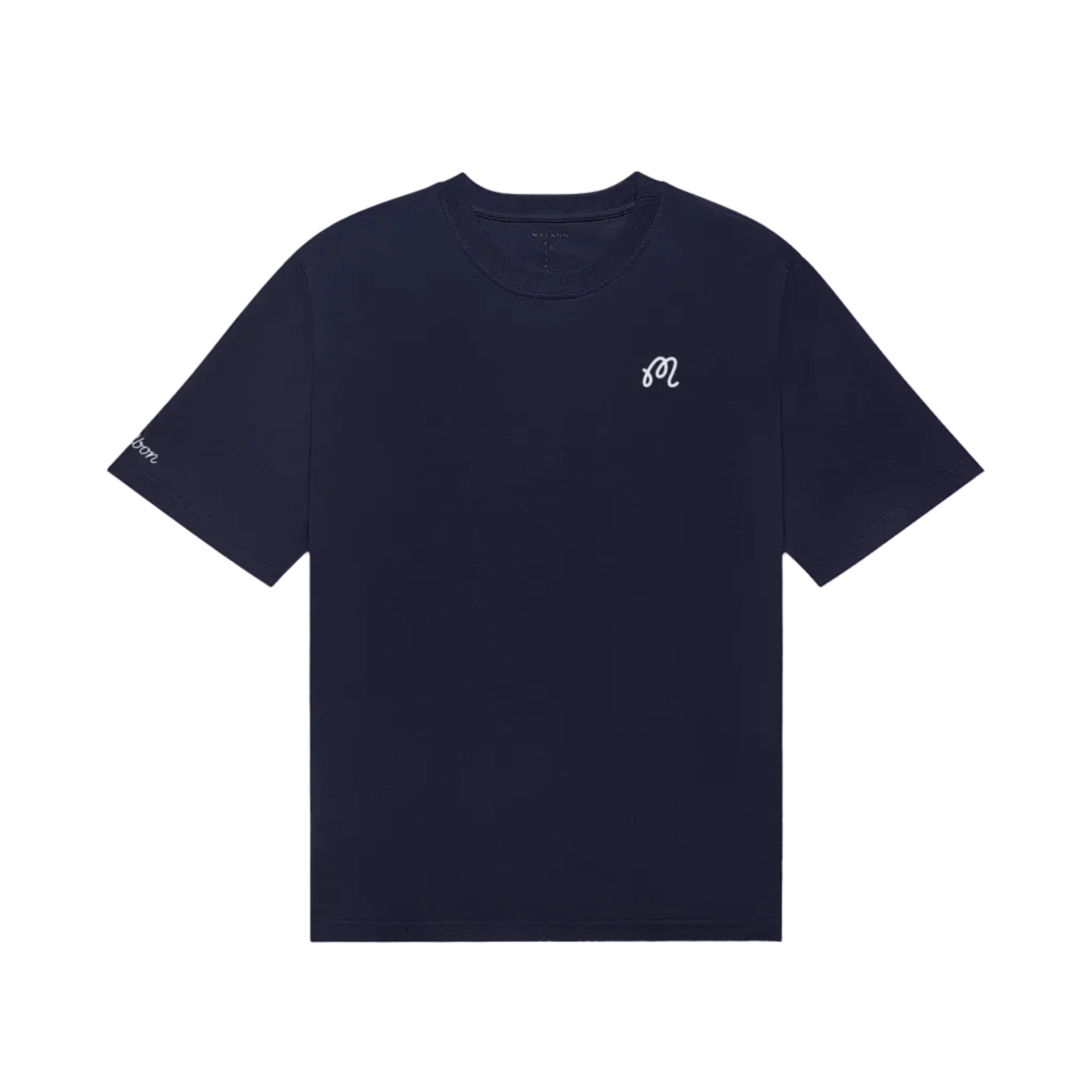 Navy blue t-shirt with a small white logo on a white background