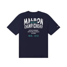 Navy blue t-shirt with white and green text on a white background