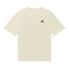 Beige t-shirt with a small logo on a white background