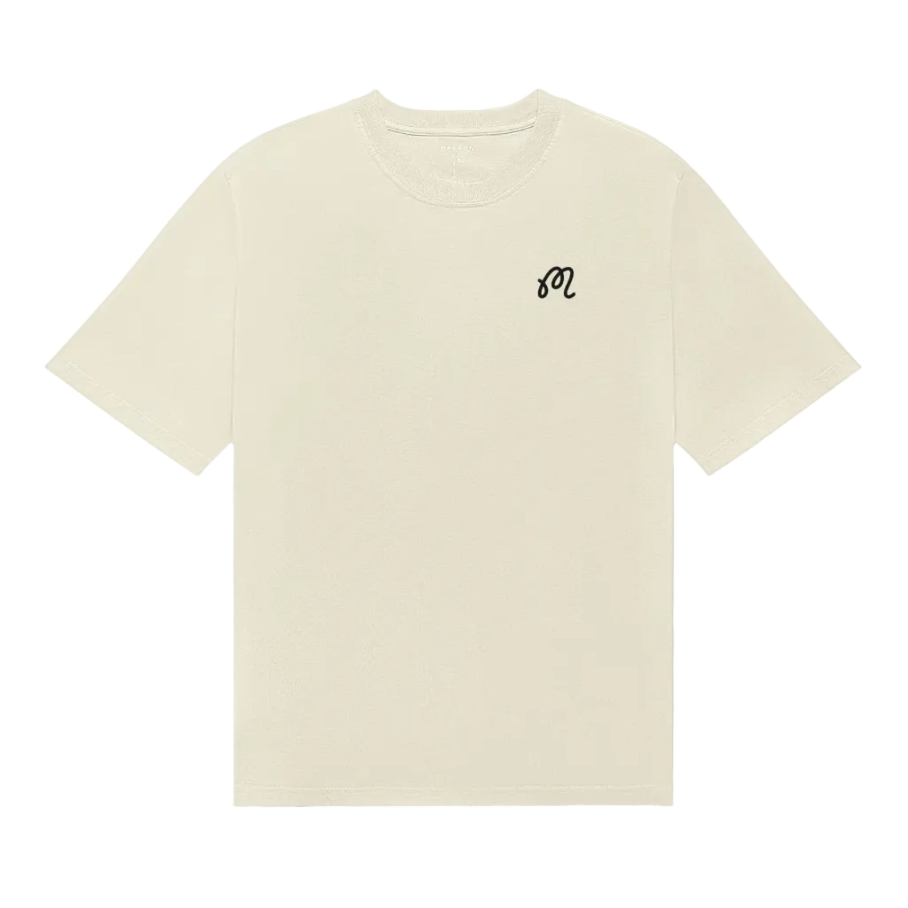 Beige t-shirt with a small logo on a white background
