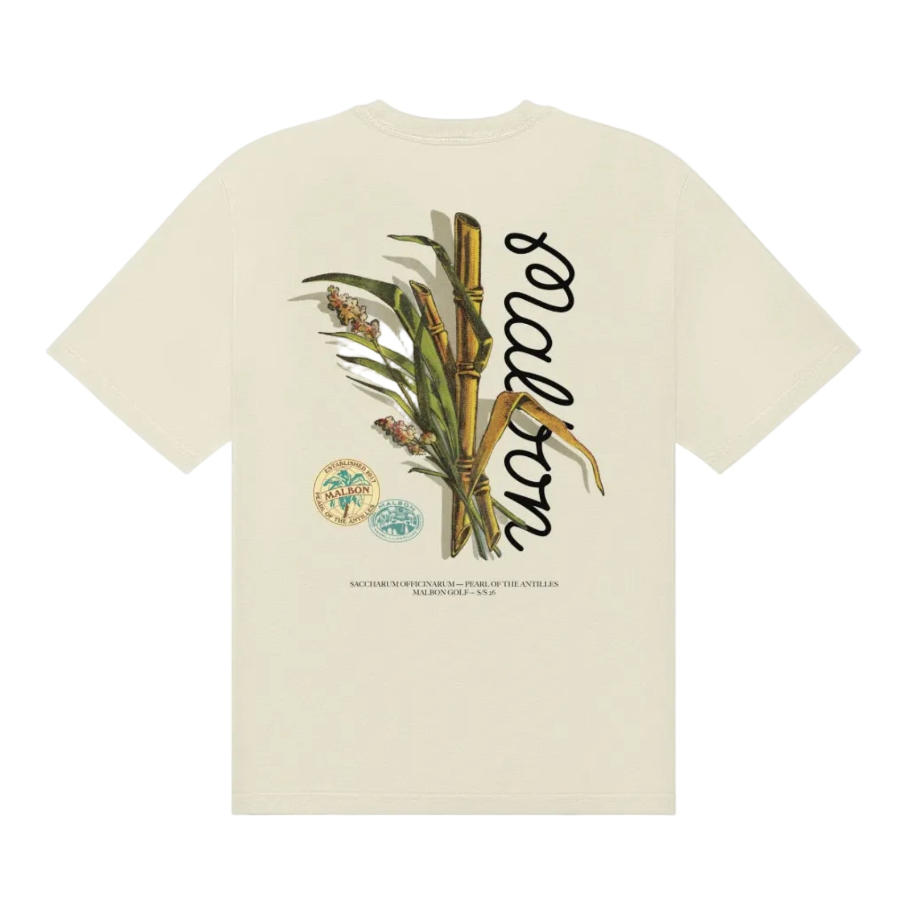 Beige t-shirt with botanical design and text on a white background