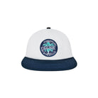 White and navy cap with a circular logo on a white background