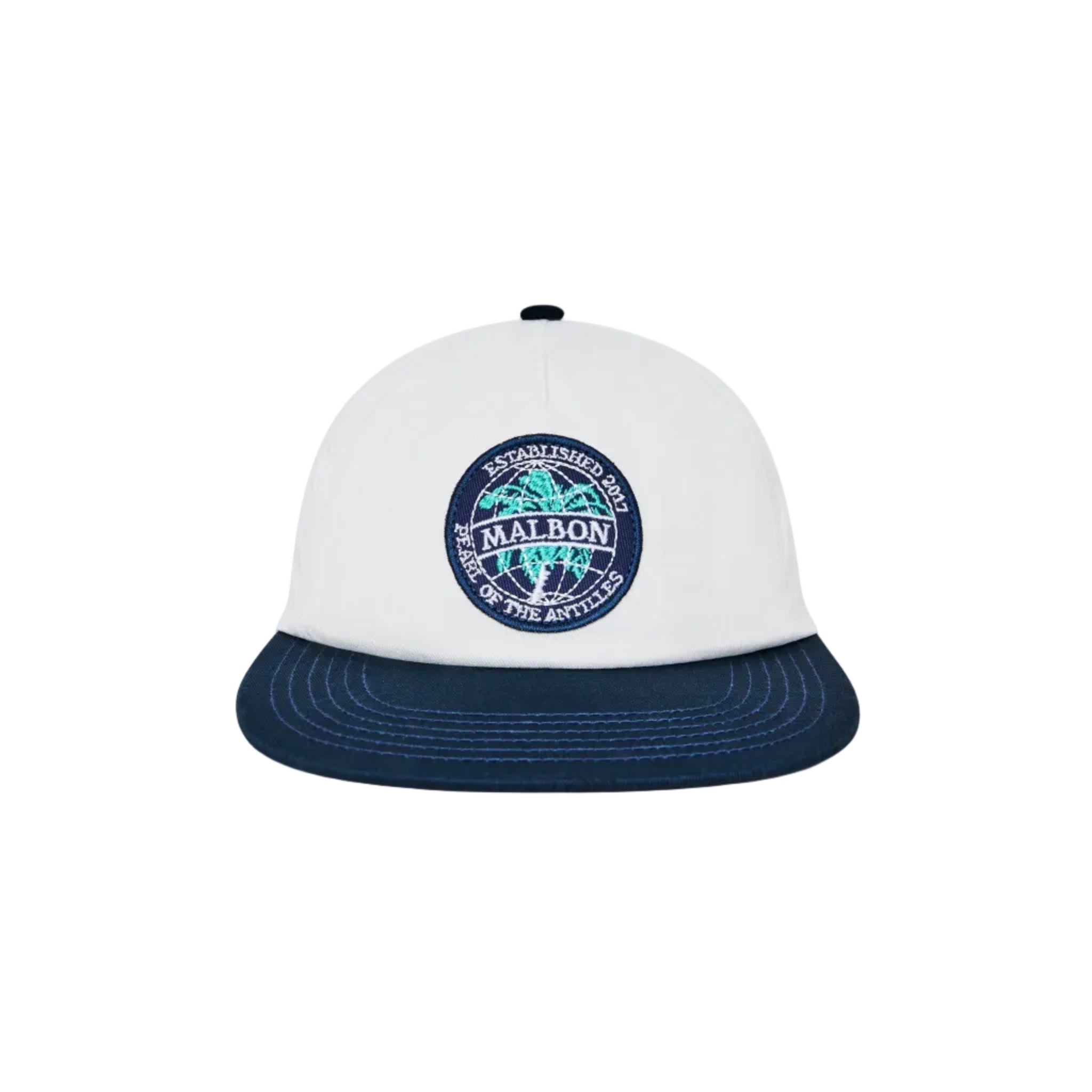 White and navy cap with a circular logo on a white background