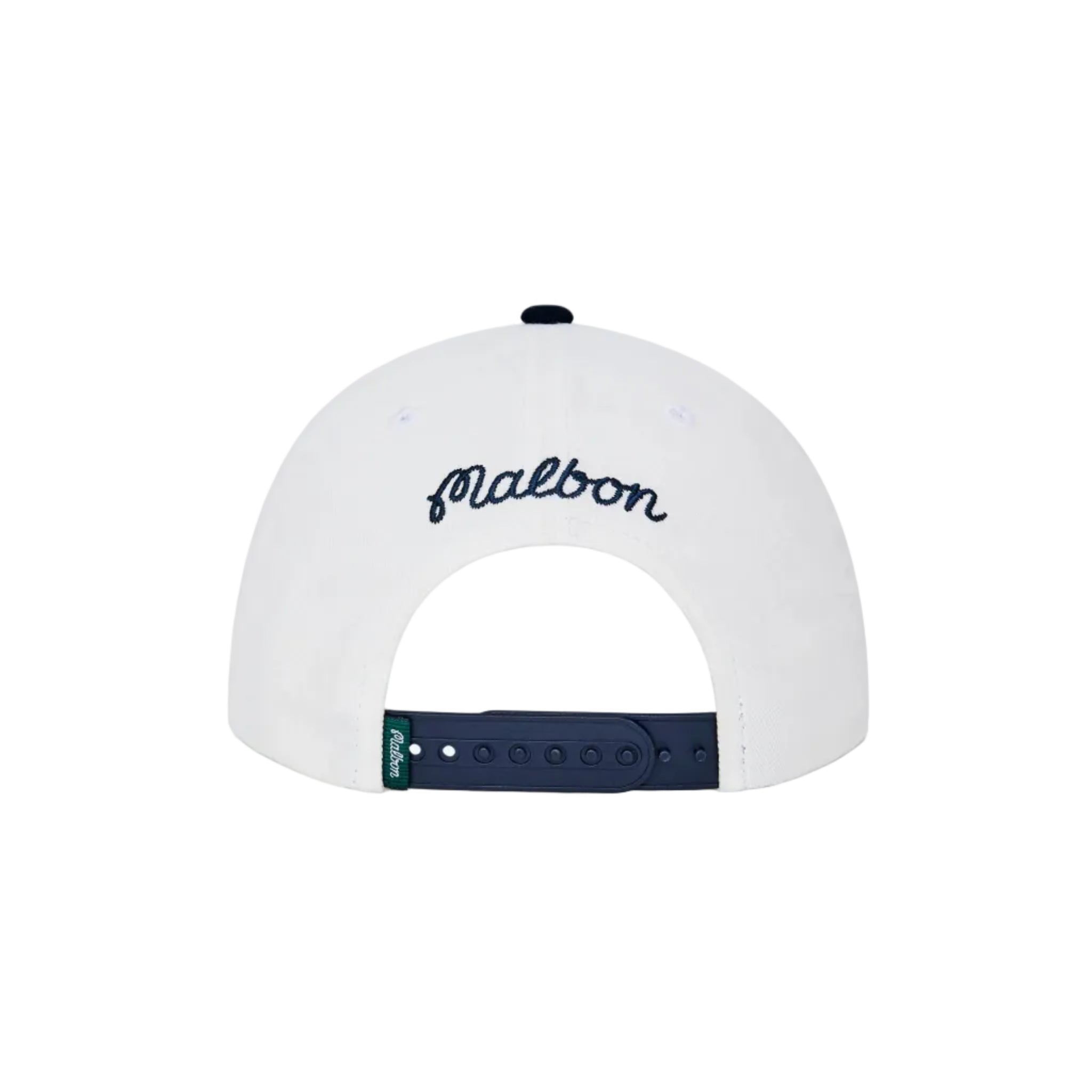 White cap with 'Malbon' branding on a white background