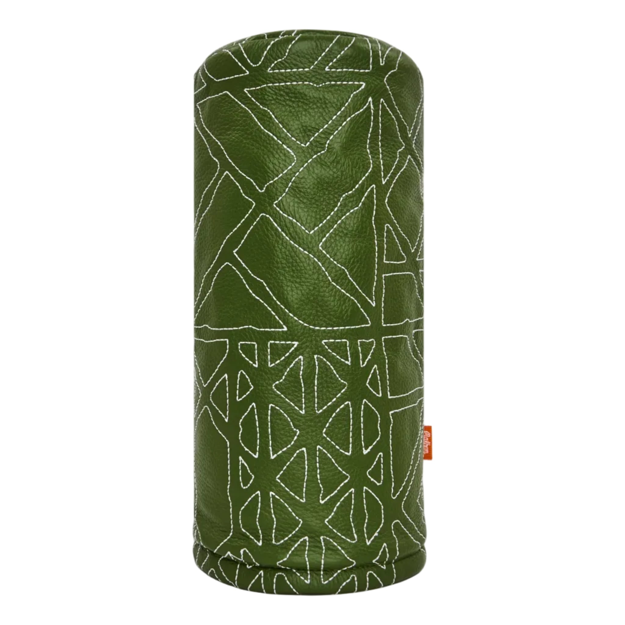 Green cylindrical driver head cover with a white geometric pattern on a white background