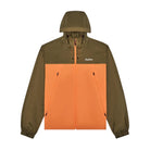 Olive and orange hooded windbreaker on a white background