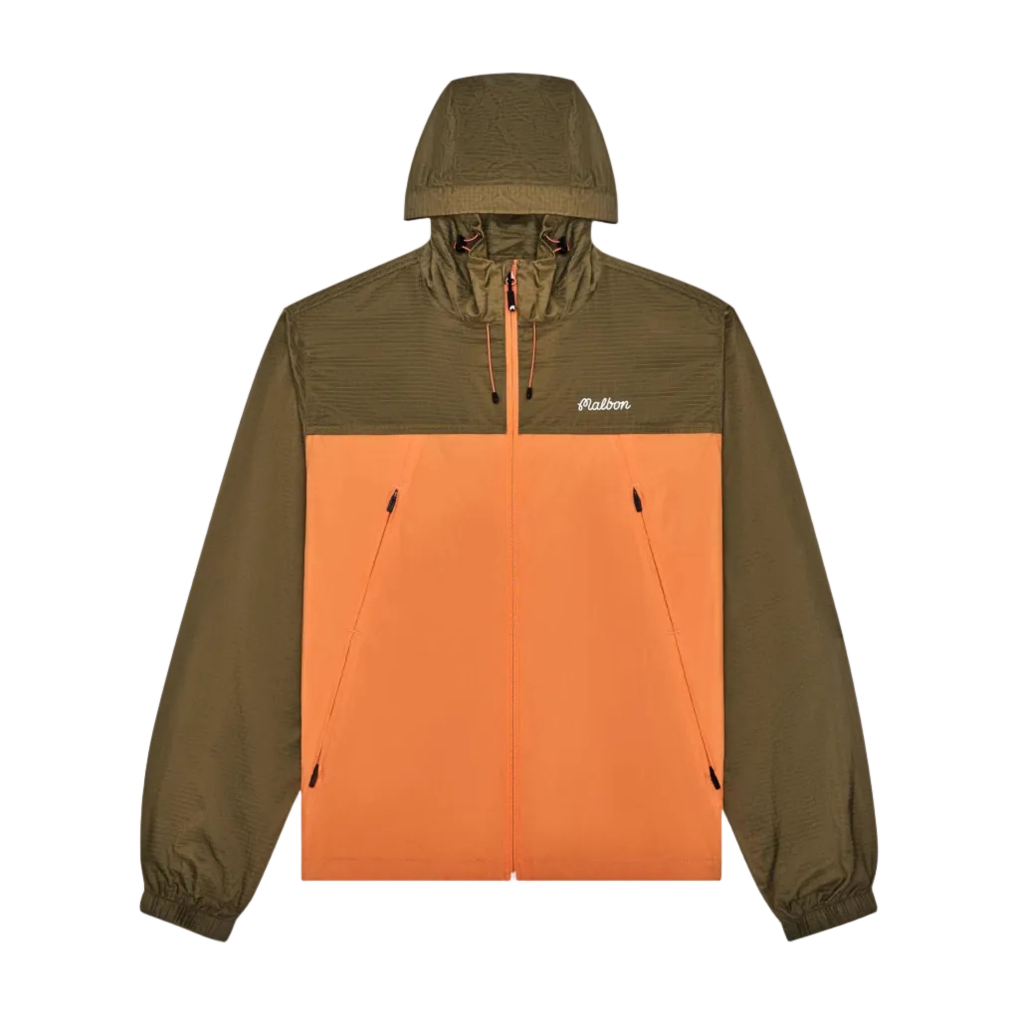 Olive and orange hooded windbreaker on a white background
