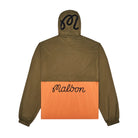 Back view of an olive and orange hooded windbreaker on a white background