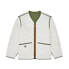 White quilted jacket with green lining on a white background