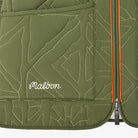 Close-up of a green quilted jacket with Malbon branding and orange zipper on a white background
