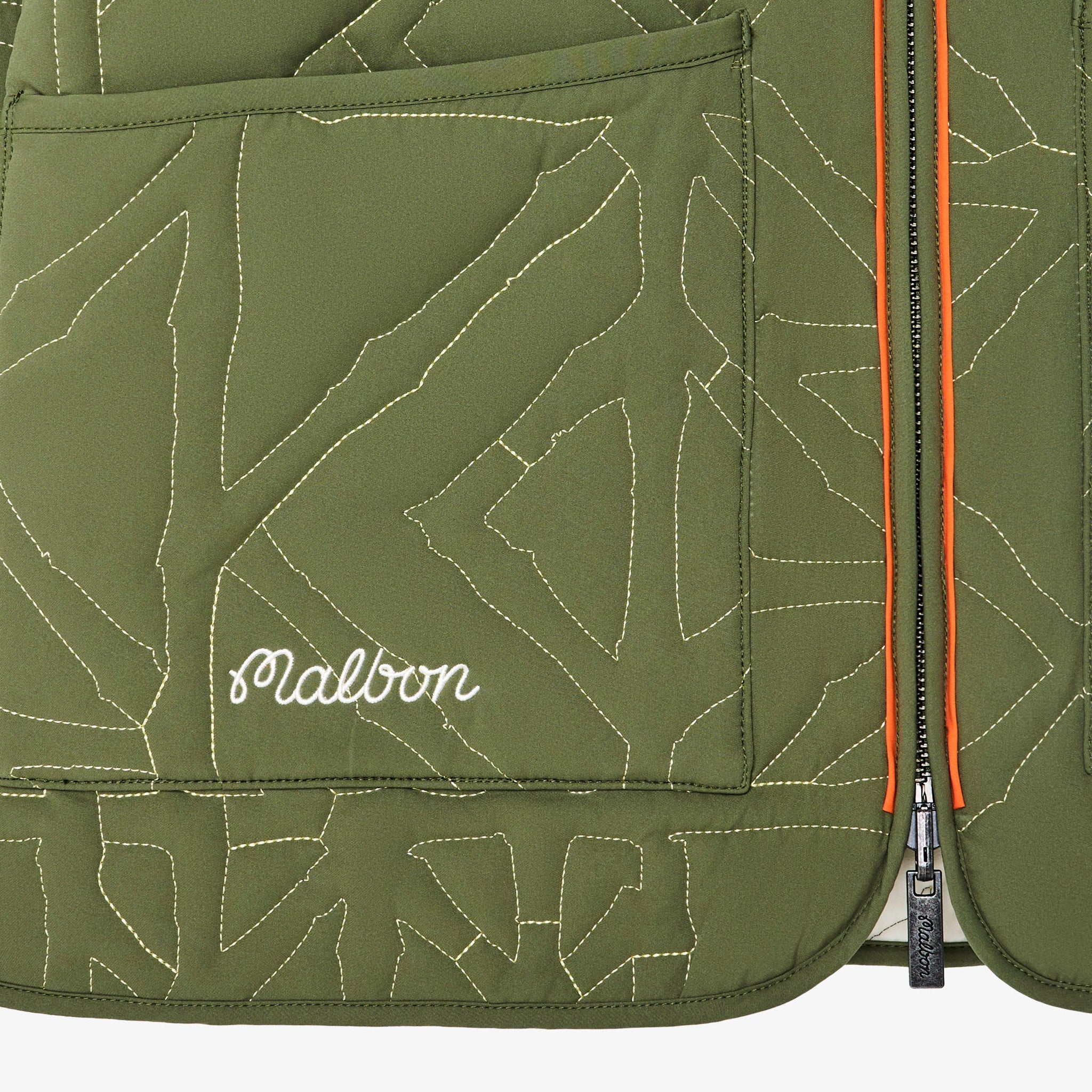 Close-up of a green quilted jacket with Malbon branding and orange zipper on a white background