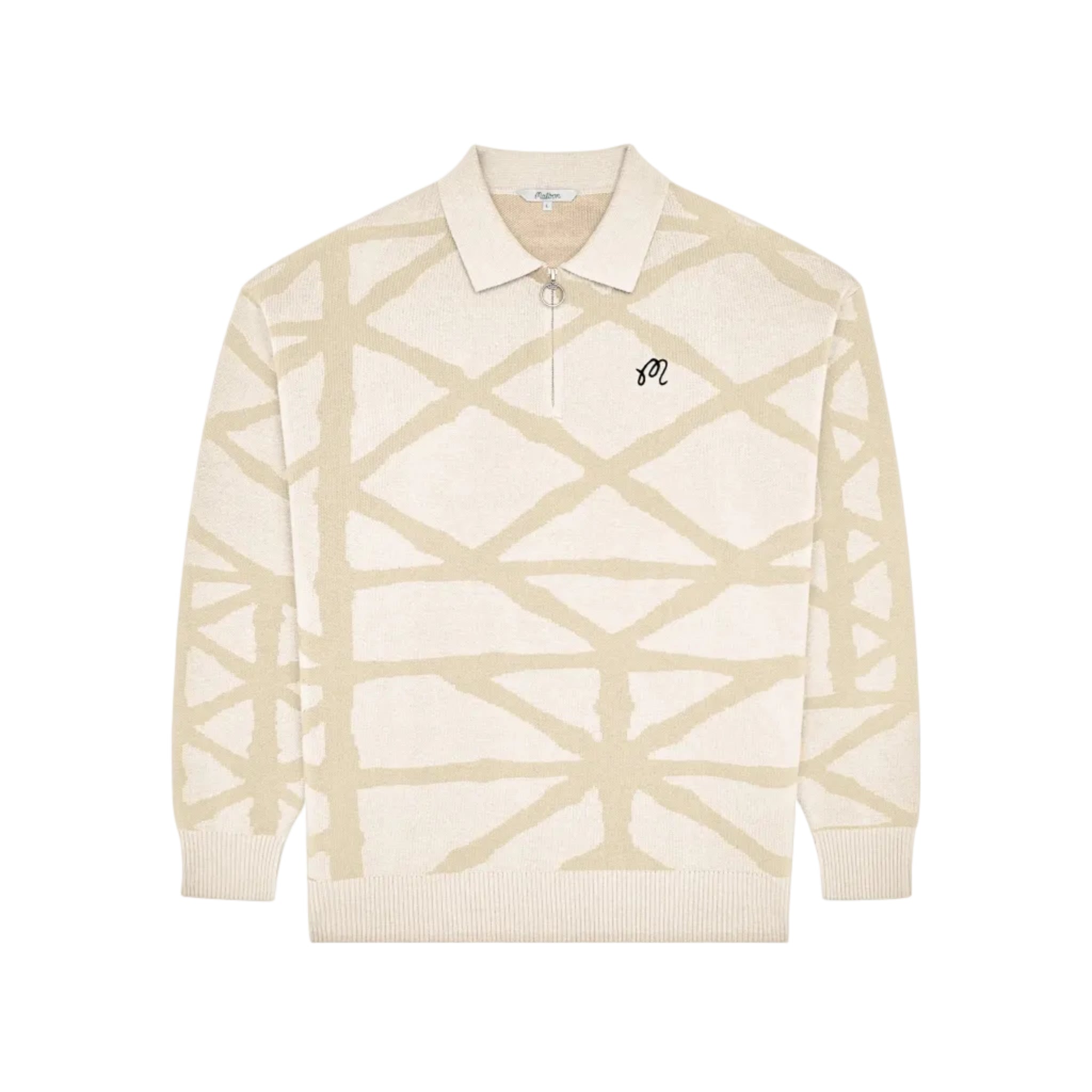 Beige long-sleeve sweater with a geometric pattern on a white background