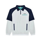 White and navy jacket with a brand logo on a white background