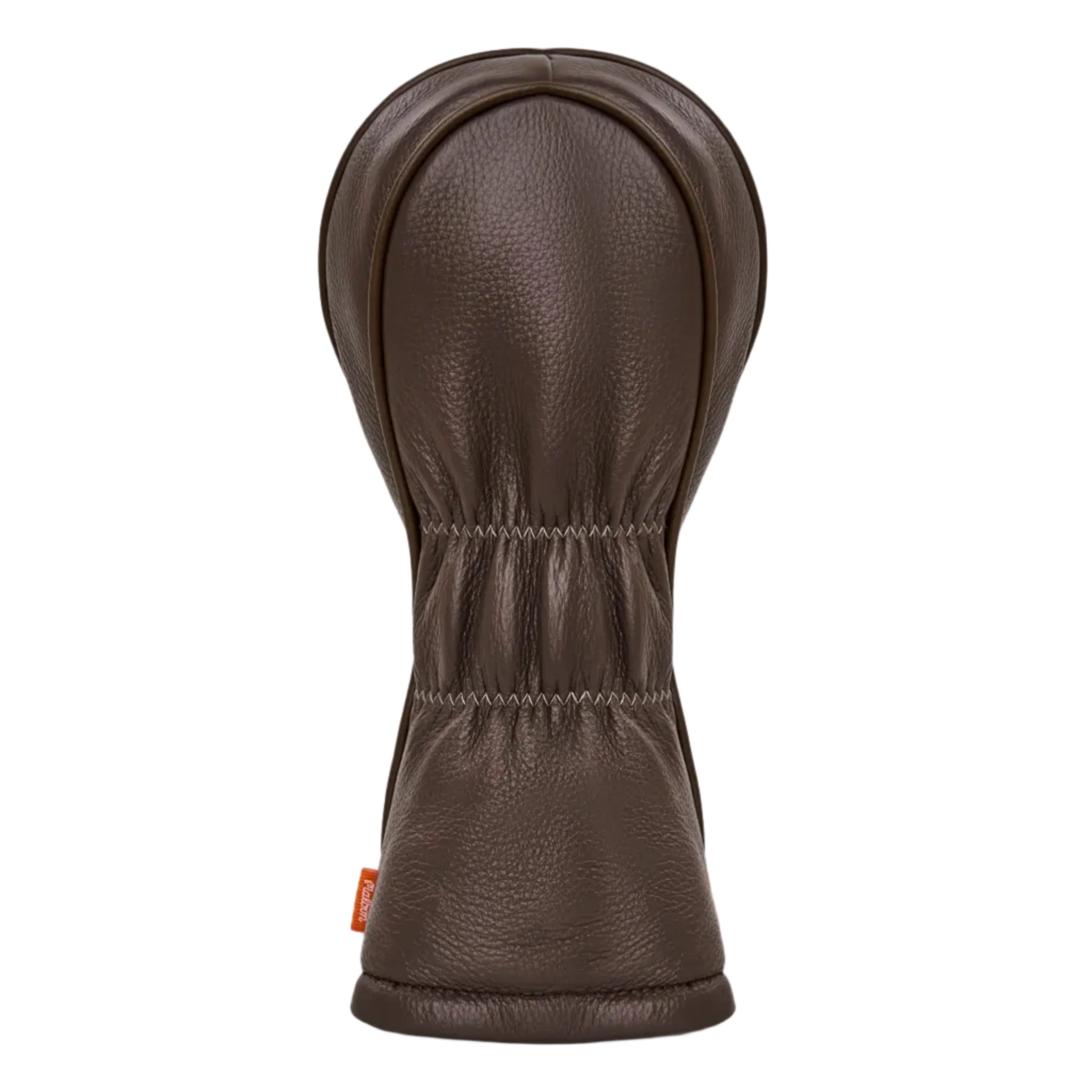 Brown leather golf club head cover on a white background