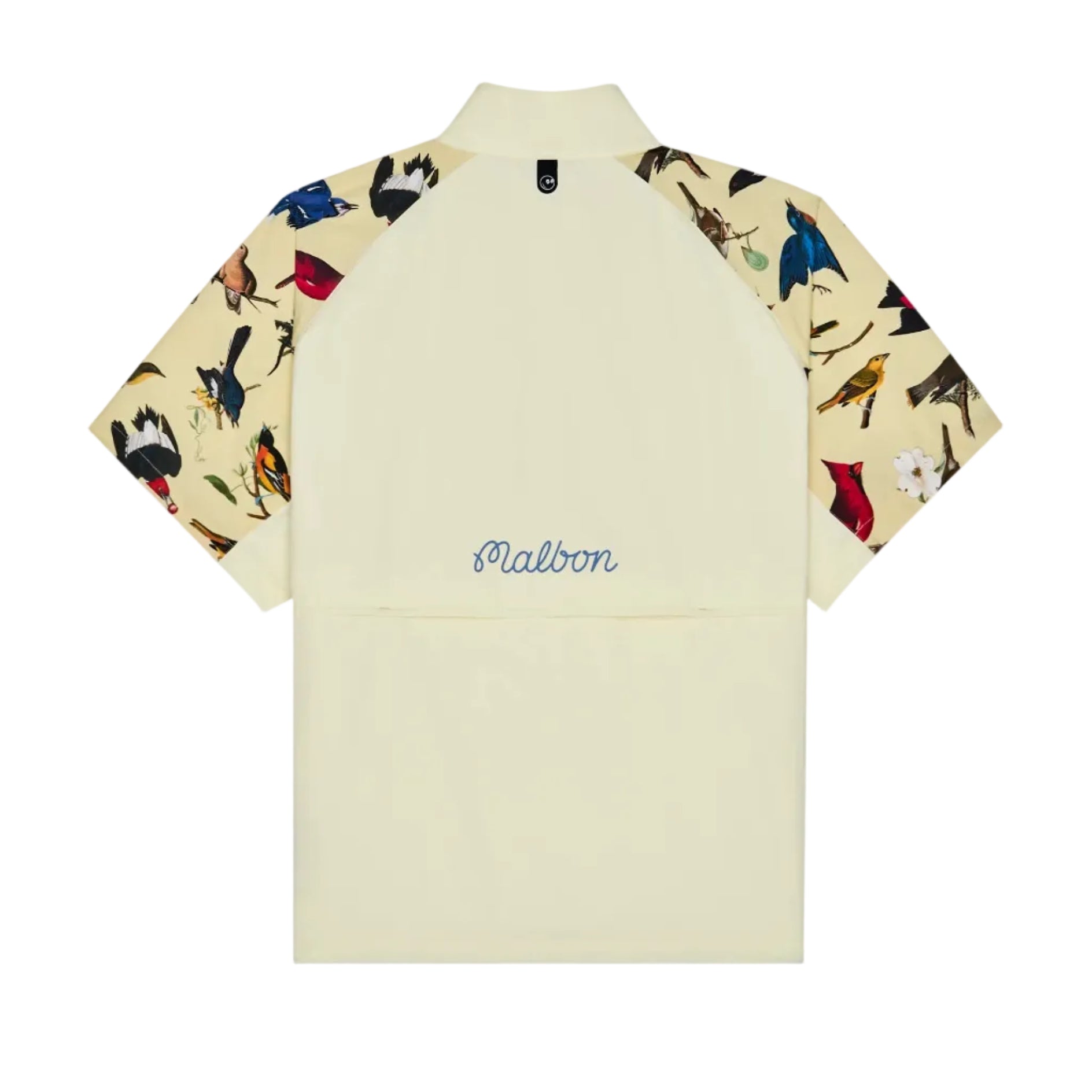 Beige t-shirt with colorful bird pattern on sleeves and 'Malbon' logo on back against a white background