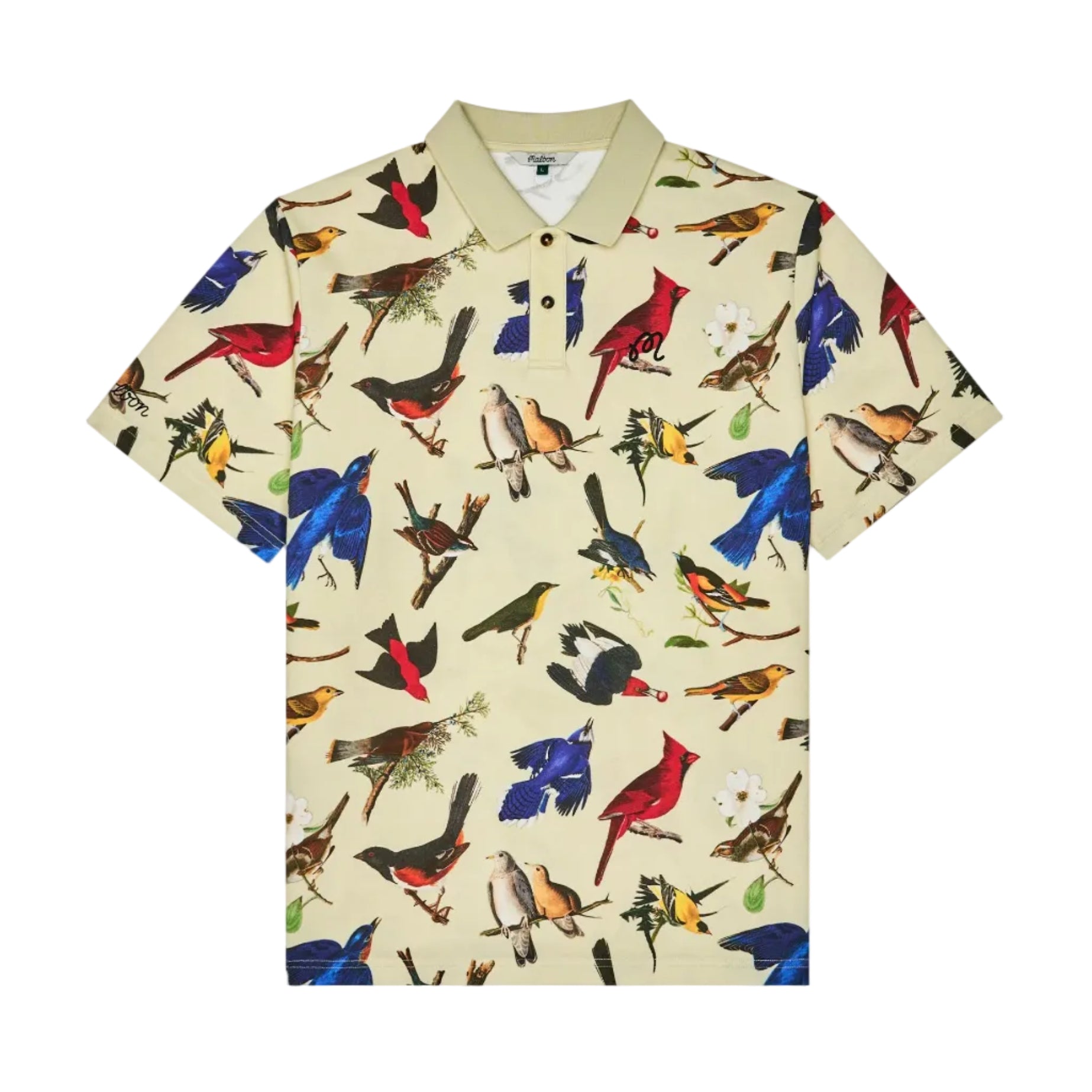 Short-sleeve polo shirt with colorful bird pattern on a beige background