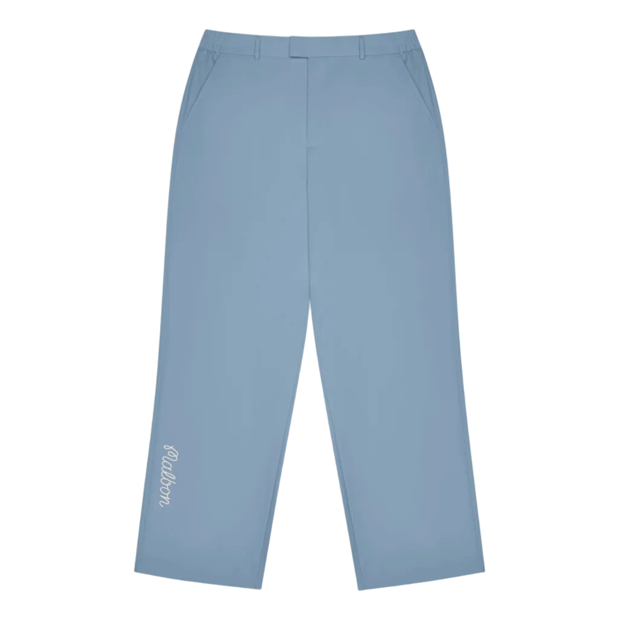Light blue pants with a brand logo on a white background