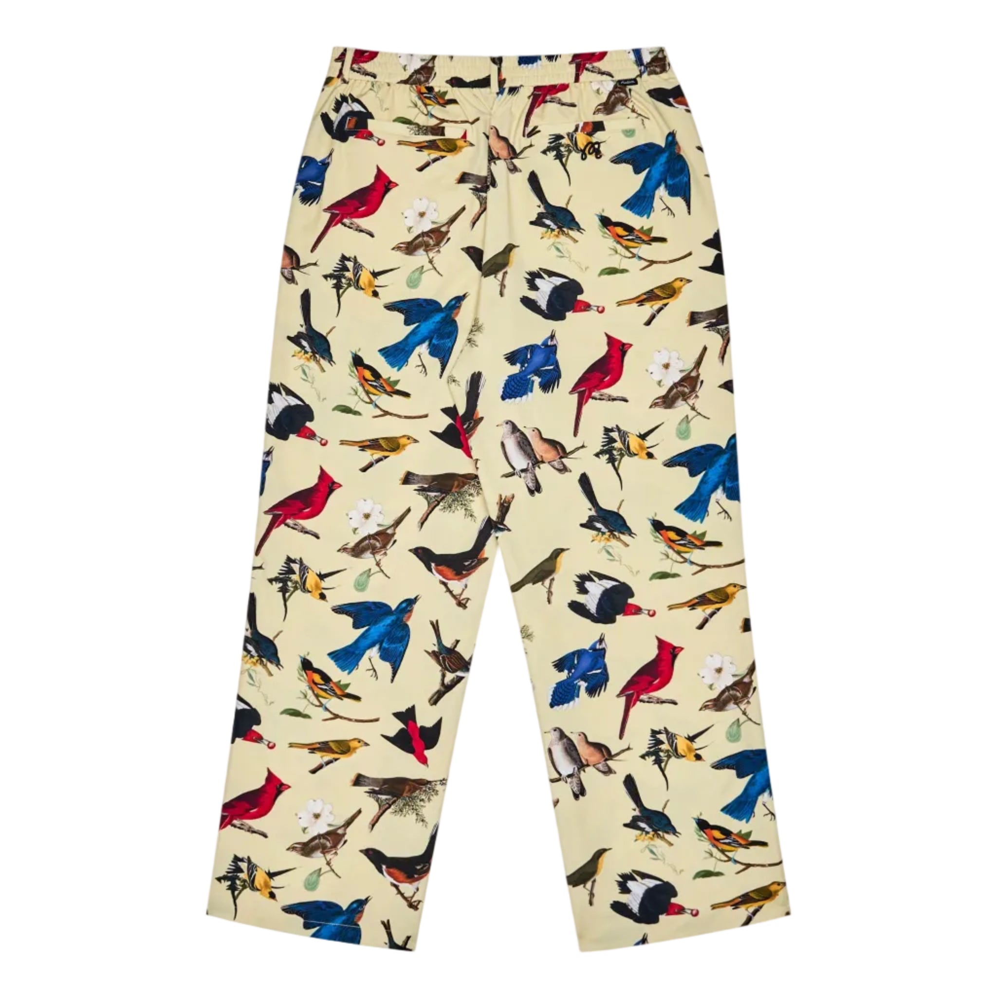 Pants with bird pattern on a white background, back view
