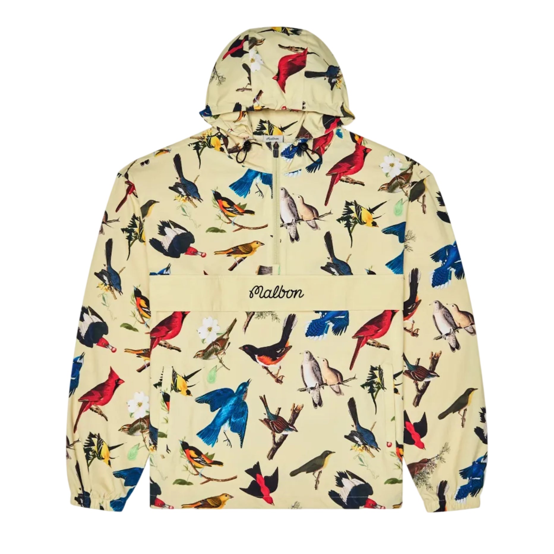 Yellow hooded windbreaker with an allover bird print on a whit background