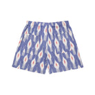 Blue shorts with a white and red pattern on a white background