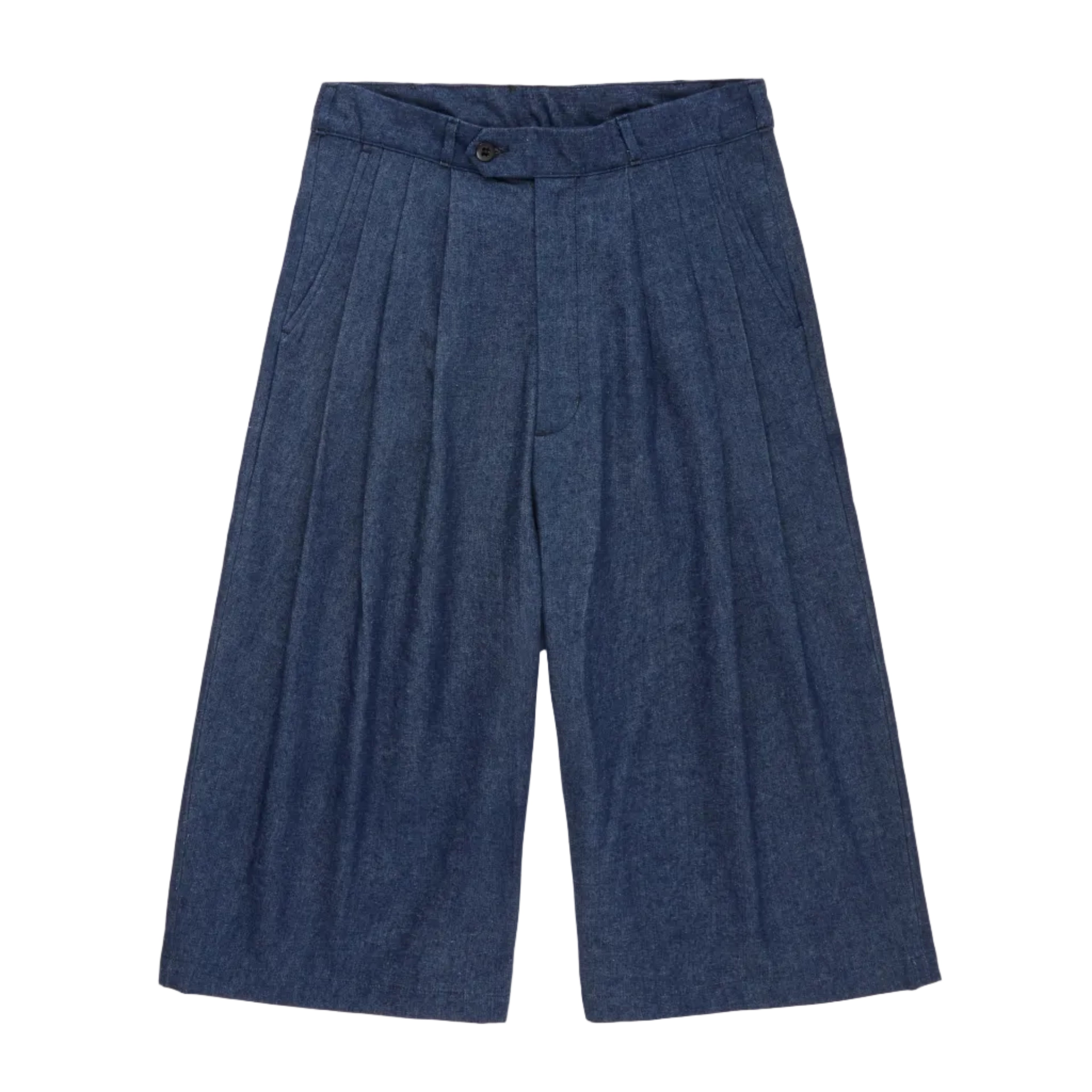 Chambray blue pleated cropped pants on a white background