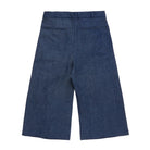 Chambray blue cropped pants on a white background. Back view.