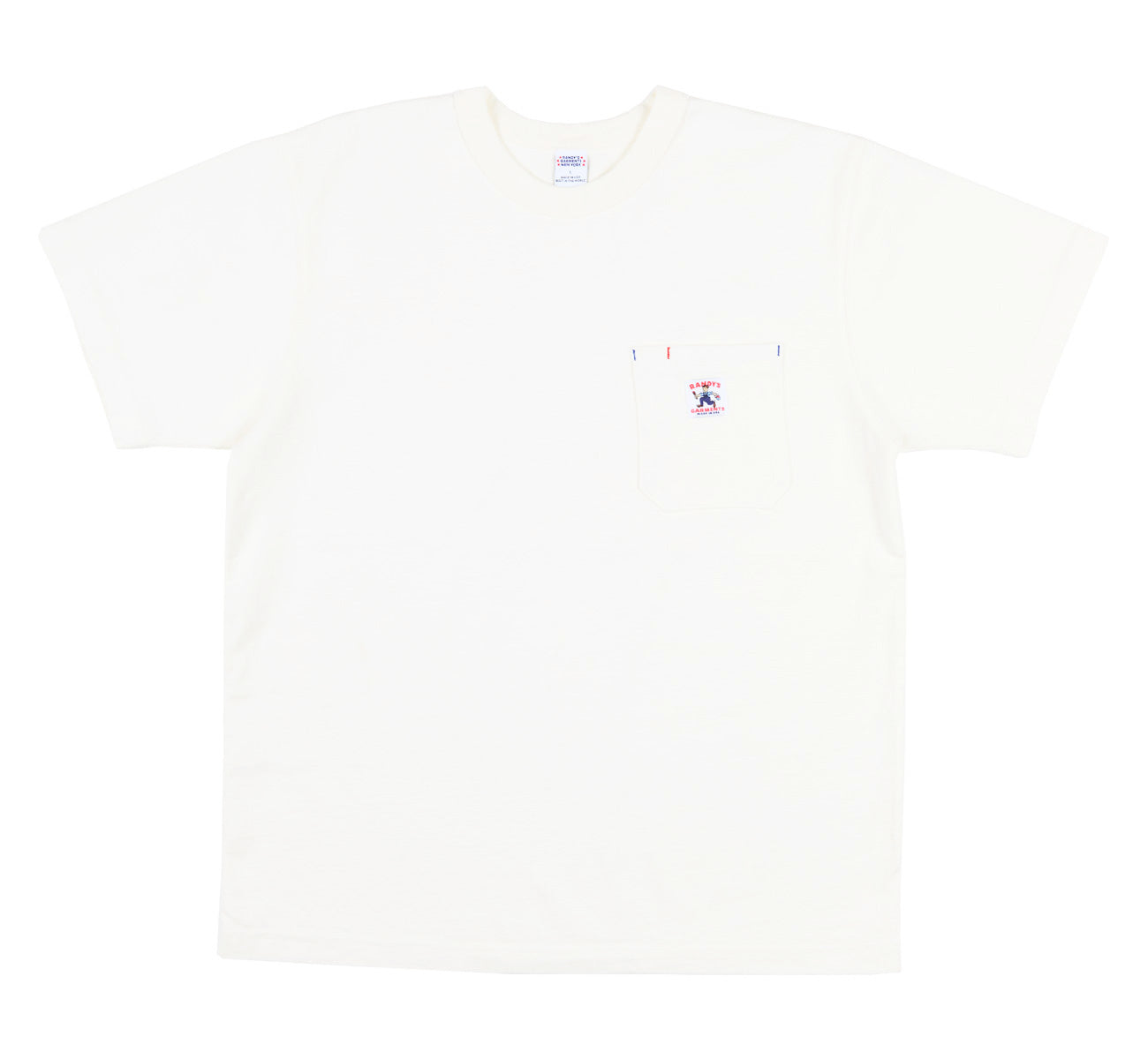 White t-shirt with a small logo on a white background