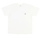 White t-shirt with a small logo on a white background